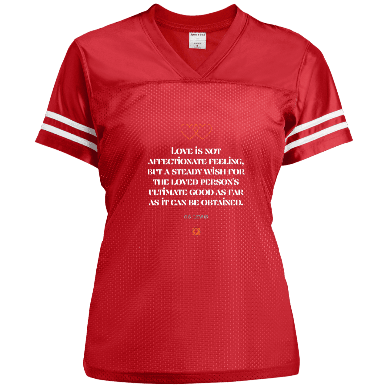 Ladies' Replica Jersey with inspiring CS Lewis quote: CS108 - Love is about the ultimate good - Color: True Red/White