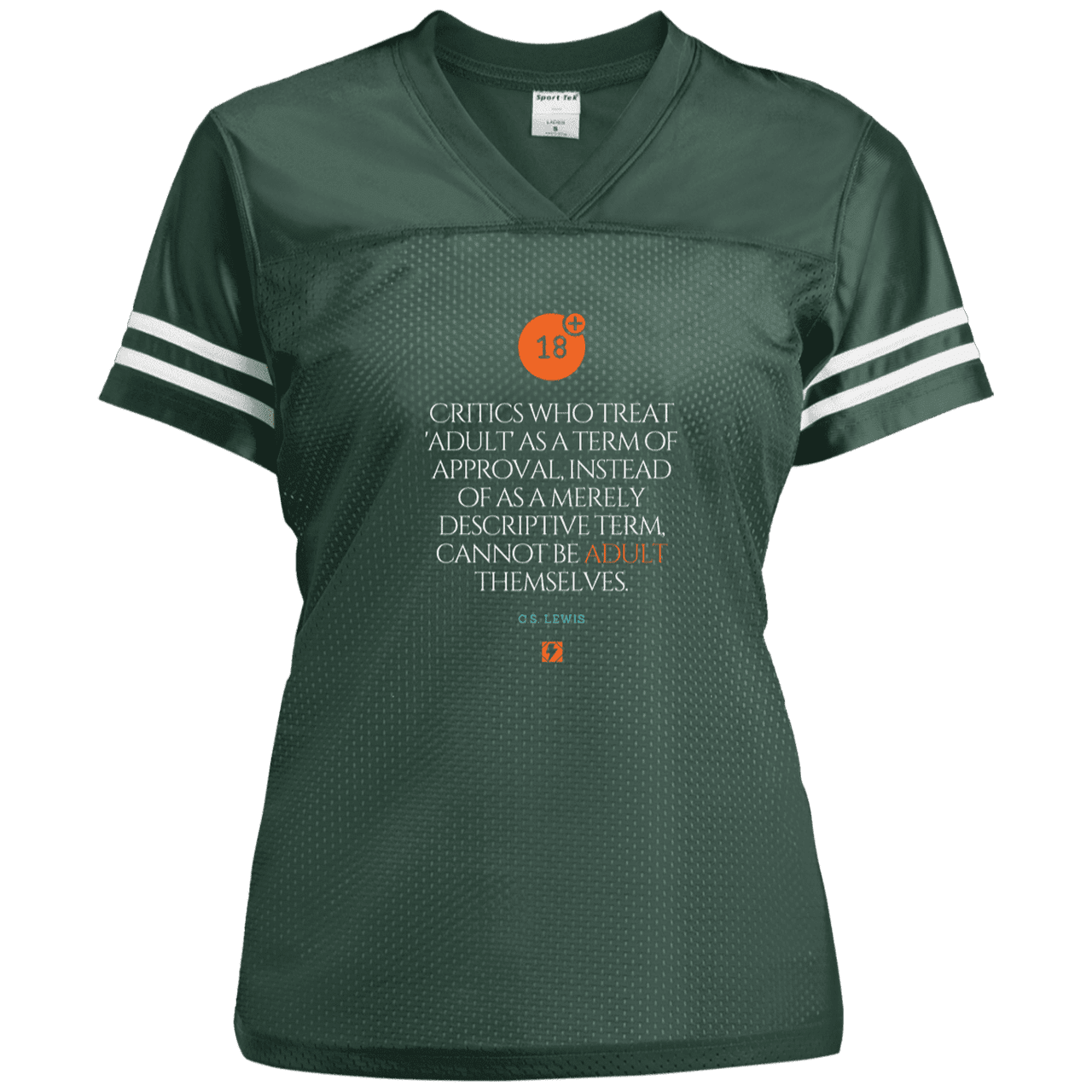 Ladies' Replica Jersey with inspiring CS Lewis quote: CS103 - Who are the Adults - Color: Forest Green/White