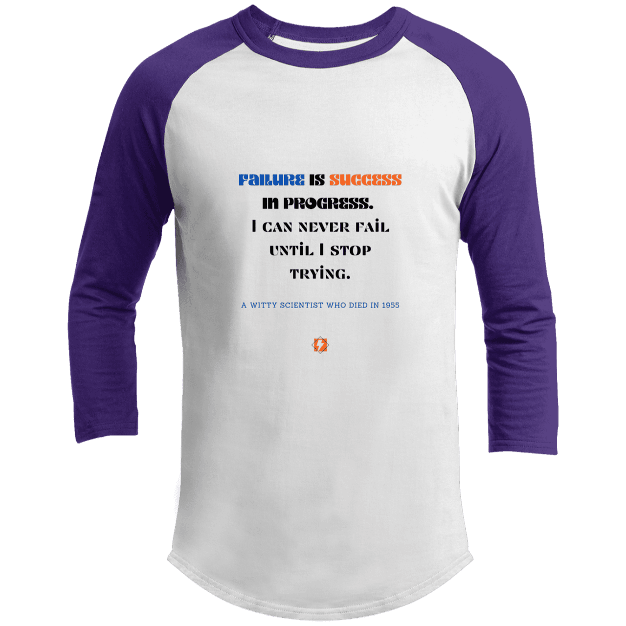 Men's 3/4 Sleeve Raglan T200 with inspiring Einstein quote: E112 - Failure is success in progress - Color: White/Purple