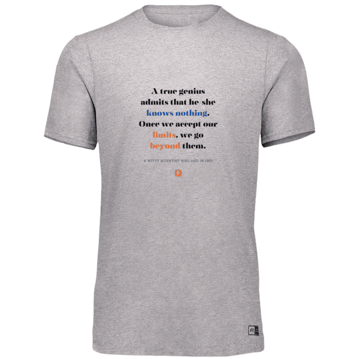 Men’s Dri-Power Odor Protection UPF 30+ T-Shirt with inspiring Einstein quote: E119 - A genius is conscious of one's limits - Color: Oxford Grey