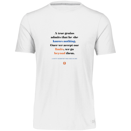 Men’s Dri-Power Odor Protection UPF 30+ T-Shirt with inspiring Einstein quote: E119 - A genius is conscious of one's limits - Color: White