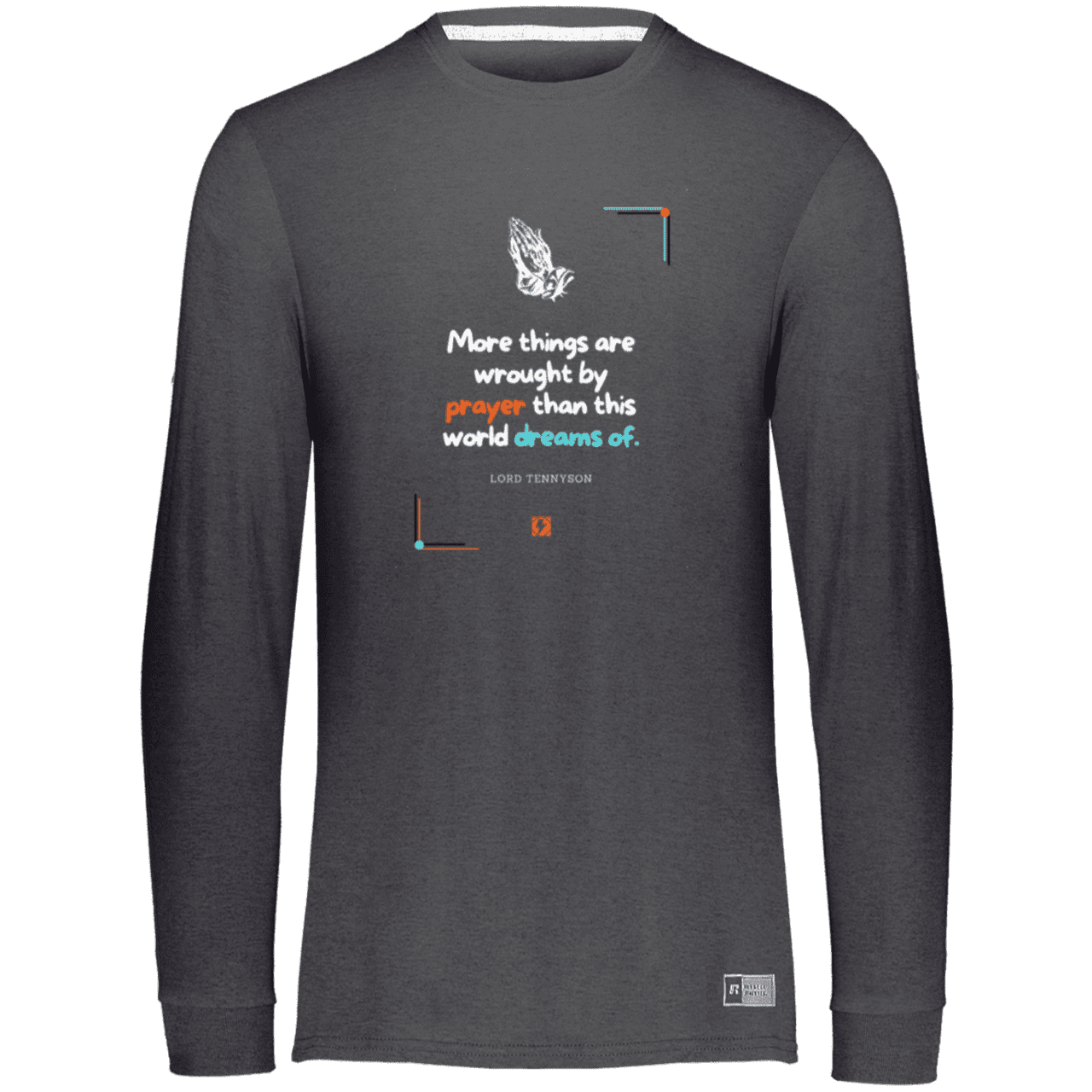 Men's Essential Dri-Power LS T-Shirt 64LTTM with inspiring Tennyson quote: LT111 - Prayer accomplishes things not dreams - Color: Black Heather