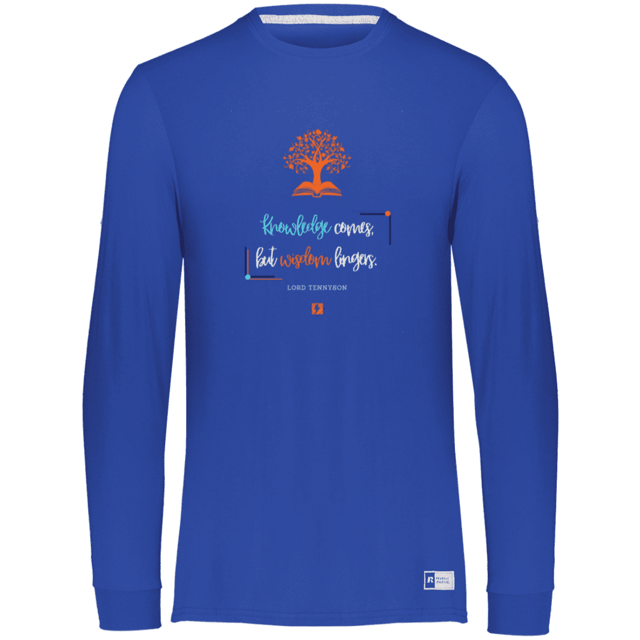 Men's Essential Dri-Power LS T-Shirt 64LTTM with inspiring Tennyson quote: LT107 - Knowledge vs Wisdom - Color: Royal