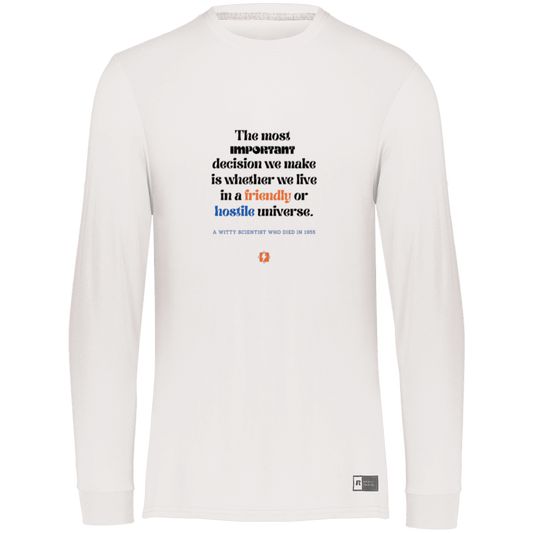 Men's LS Dri-Power Activewear with inspiring Einstein quote: E115 - Understanding the nature of the universe is key - Color: White