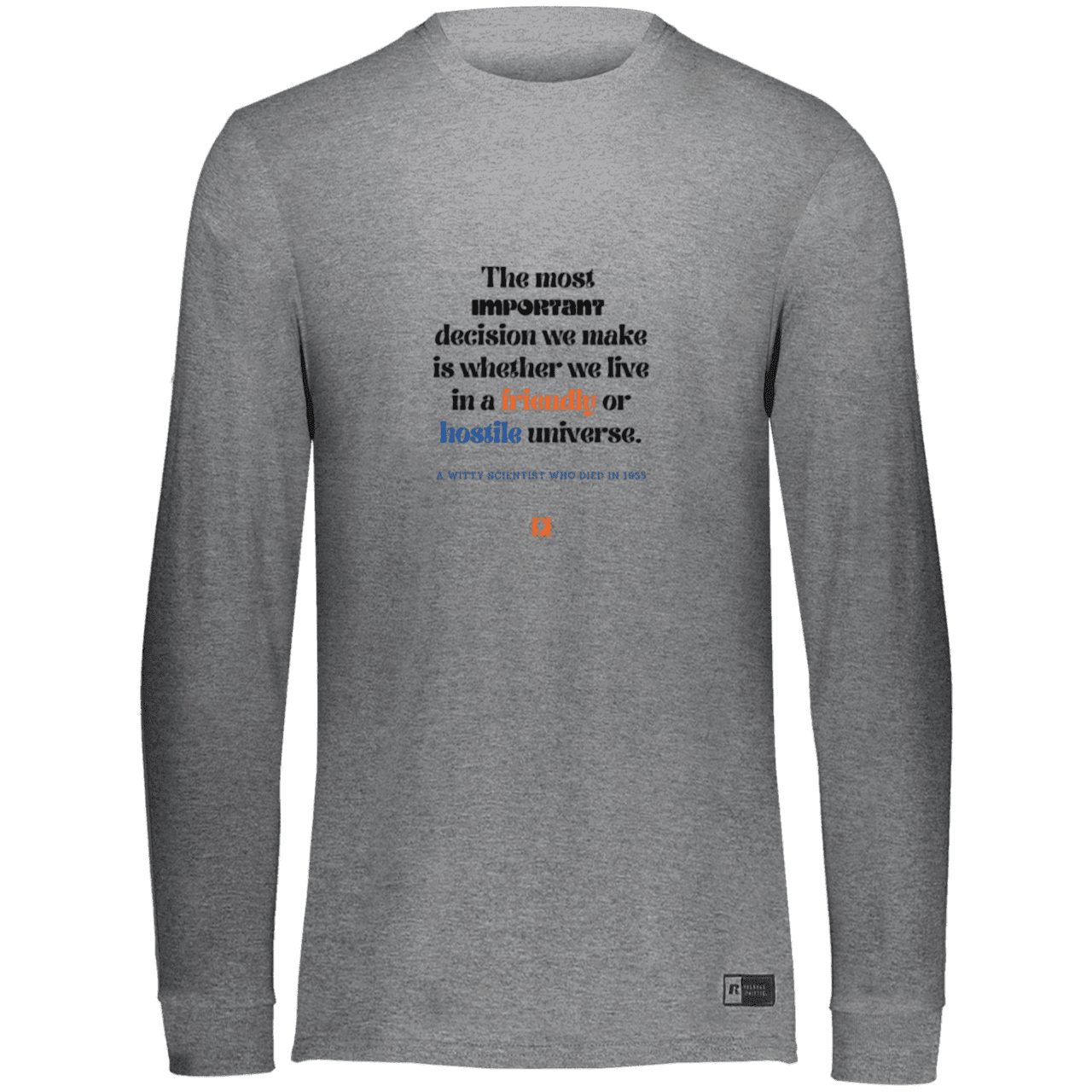 Men's LS Dri-Power Activewear with inspiring Einstein quote: E115 - Understanding the nature of the universe is key - Color: Oxford Grey