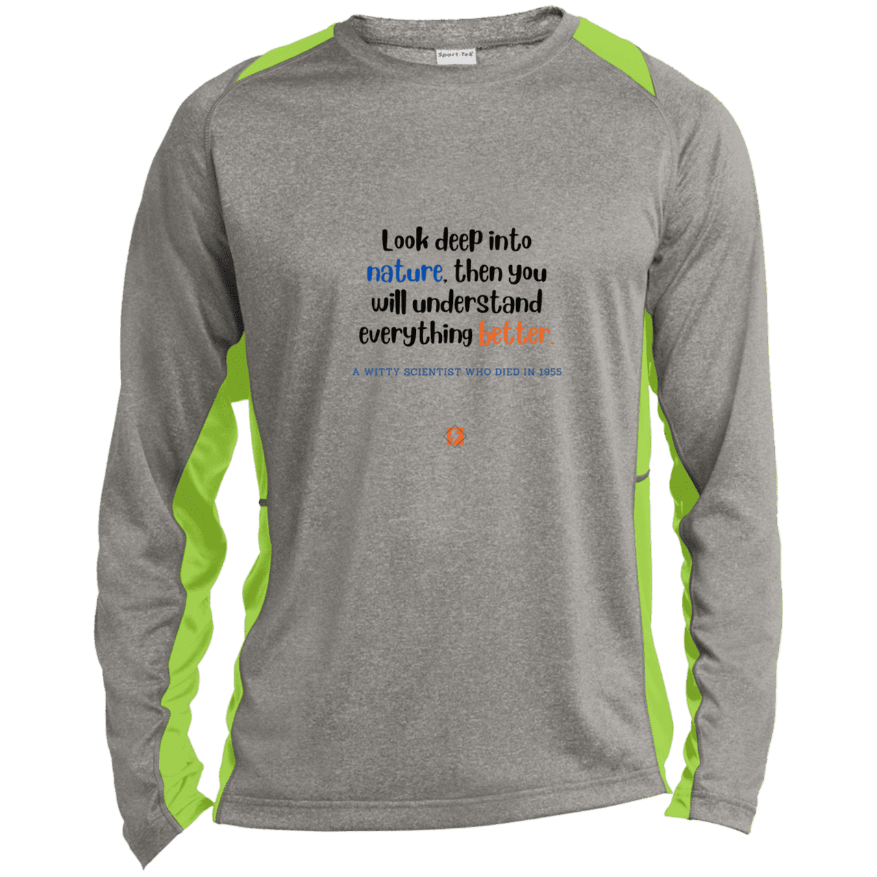 Men's LS Heather Colorblock T-Shirt with inspiring Einstein quote: E108 - Look to nature to understand everything - Color: Vintage Heather/Lime Shock