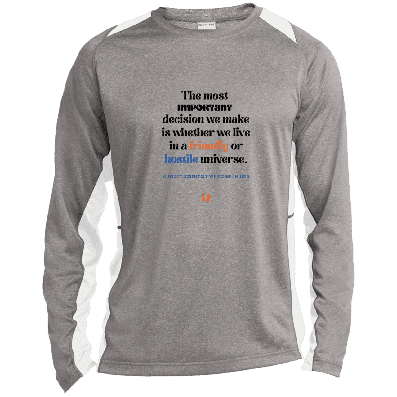 Men's LS Heather Colorblock T-Shirt with inspiring Einstein quote: E115 - Understanding the nature of the universe is key - Color: Vintage Heather/White