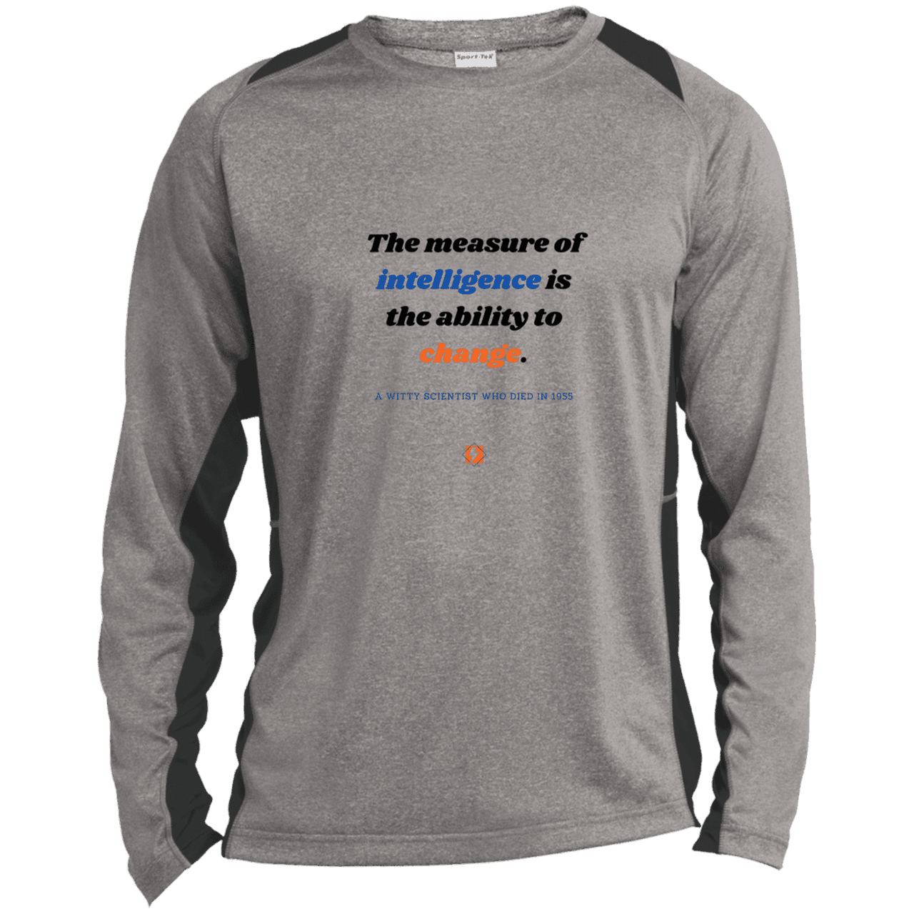 Men's LS Heather Colorblock T-Shirt with inspiring Einstein quote: E117 - Intelligence is the ability to change - Color: Vintage Heather/Black