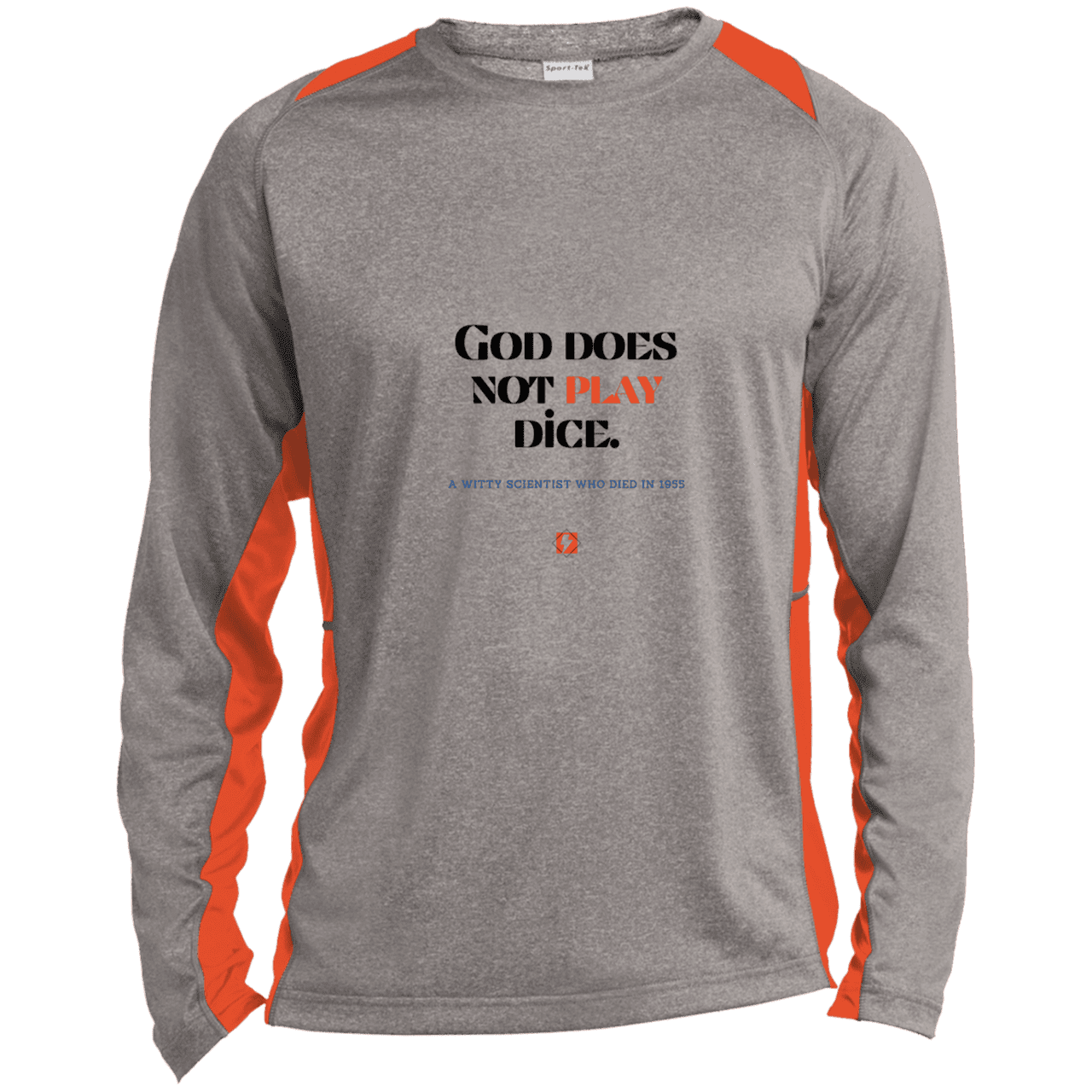 Men's LS Heather Colorblock T-Shirt with inspiring Einstein quote: E121 - God does not play dice - Color: Vintage Heather/Deep Orange