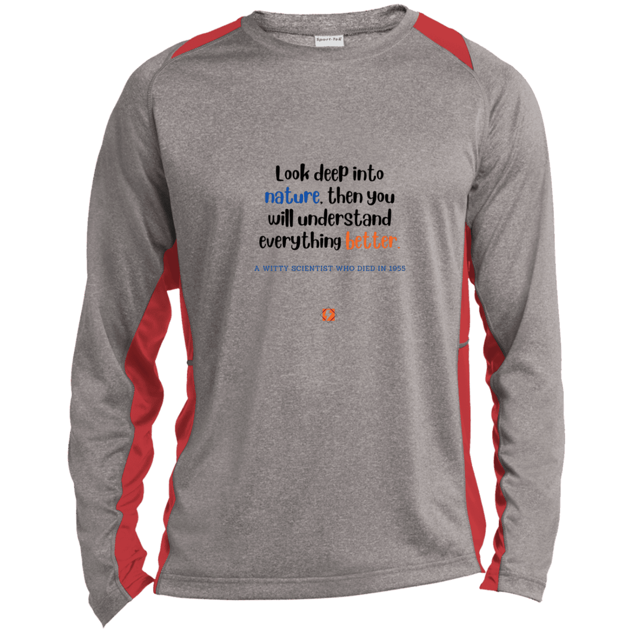 Men's LS Heather Colorblock T-Shirt with inspiring Einstein quote: E108 - Look to nature to understand everything - Color: Vintage Heather/True Red