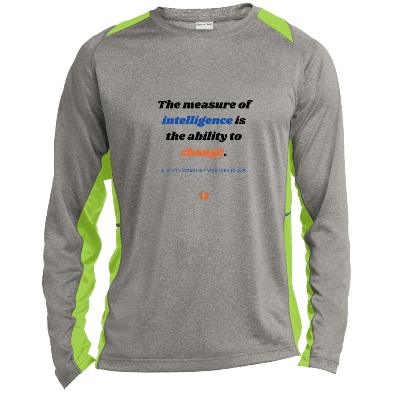 Men's LS Heather Colorblock T-Shirt with inspiring Einstein quote: E117 - Intelligence is the ability to change - Color: Vintage Heather/Lime Shock