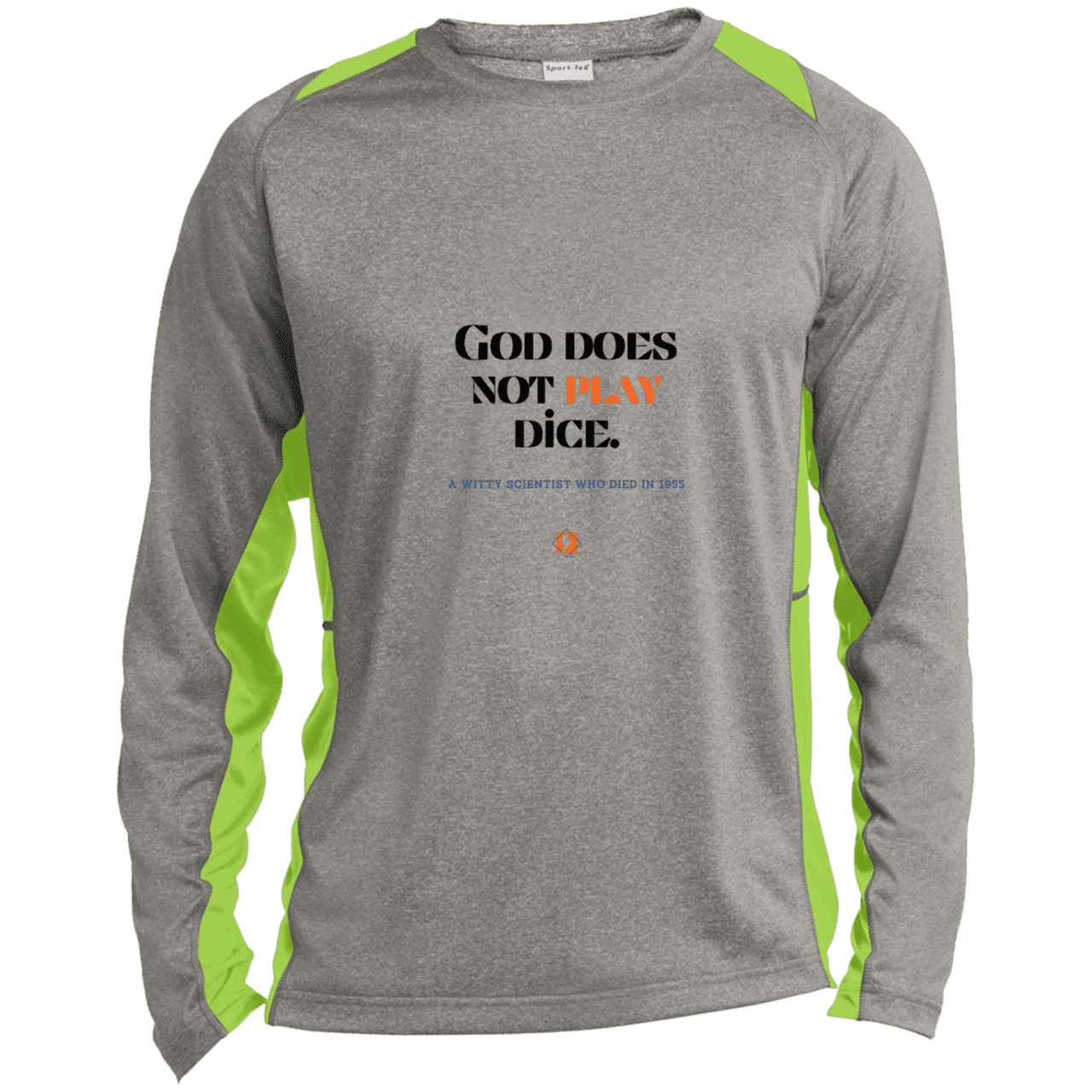 Men's LS Heather Colorblock T-Shirt with inspiring Einstein quote: E121 - God does not play dice - Color: Vintage Heather/Lime Shock