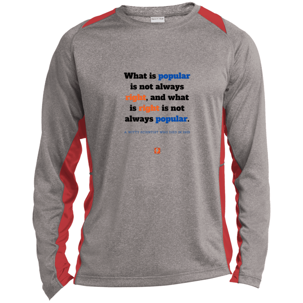 Men's LS Heather Colorblock T-Shirt with inspiring Einstein quote: E114 - Popular and right are two different things - Color: Vintage Heather/True Red