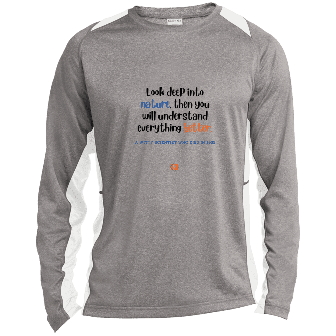 Men's LS Heather Colorblock T-Shirt with inspiring Einstein quote: E108 - Look to nature to understand everything - Color: Vintage Heather/White