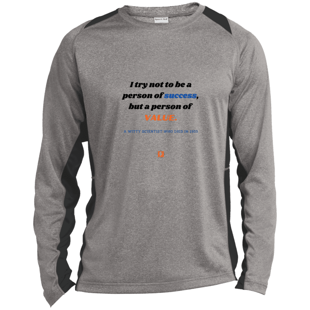 Men's LS Heather Colorblock T-Shirt with inspiring Einstein quote: E109 - Strive to be a person of value, not success - Color: Vintage Heather/Black