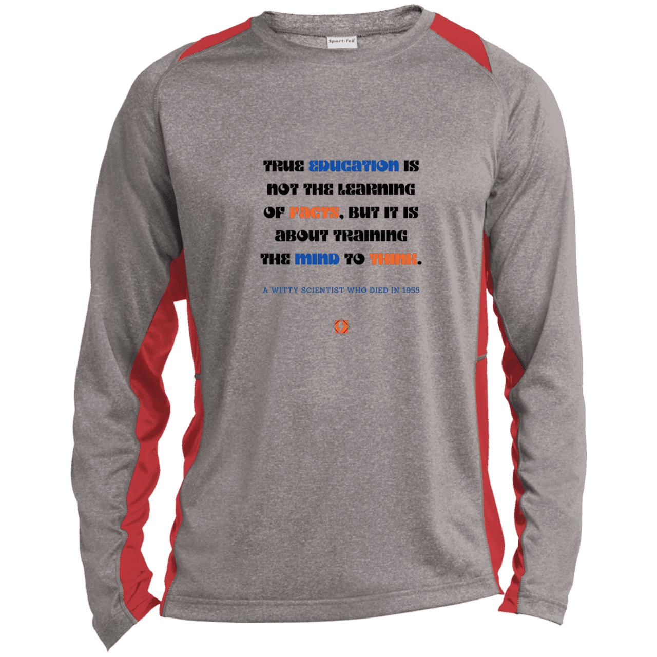 Men's LS Heather Colorblock T-Shirt with inspiring Einstein quote: E107 - True education is about learning to think - Color: Vintage Heather/True Red