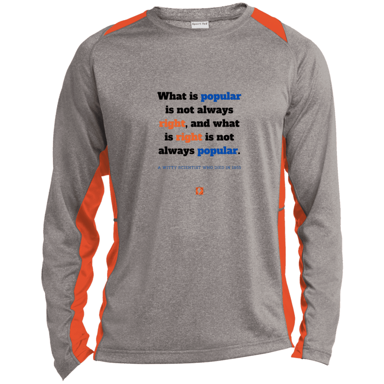 Men's LS Heather Colorblock T-Shirt with inspiring Einstein quote: E114 - Popular and right are two different things - Color: Vintage Heather/Deep Orange