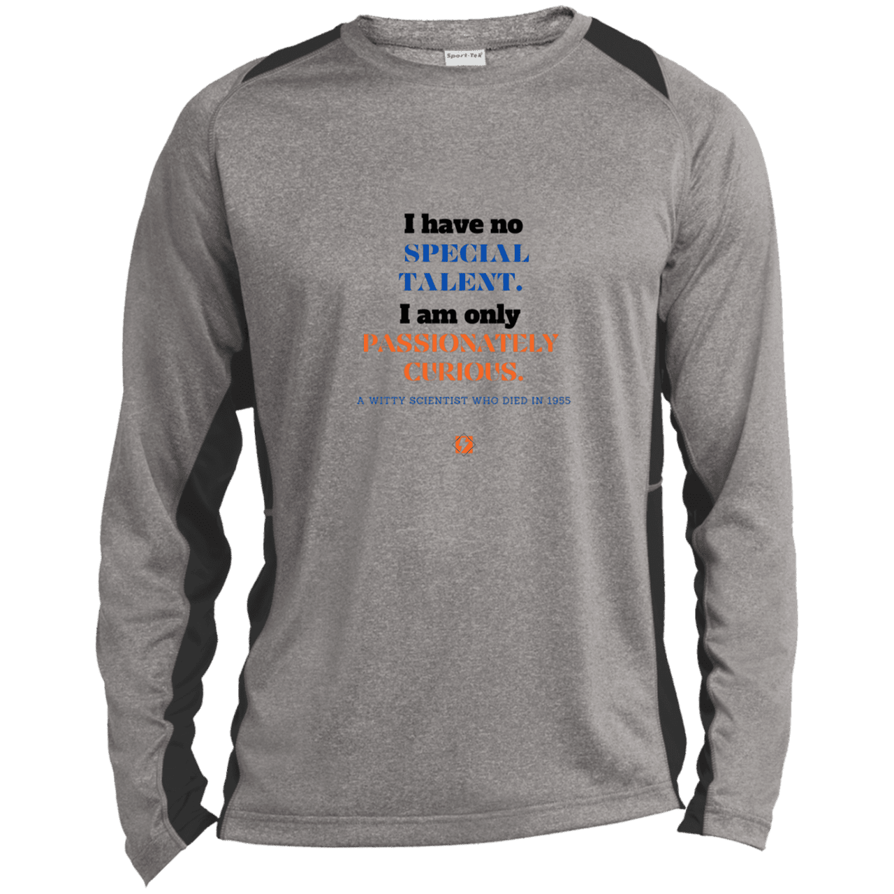 Men's LS Heather Colorblock T-Shirt with inspiring Einstein quote: E105 - I am only passionately curious - Color: Vintage Heather/Black