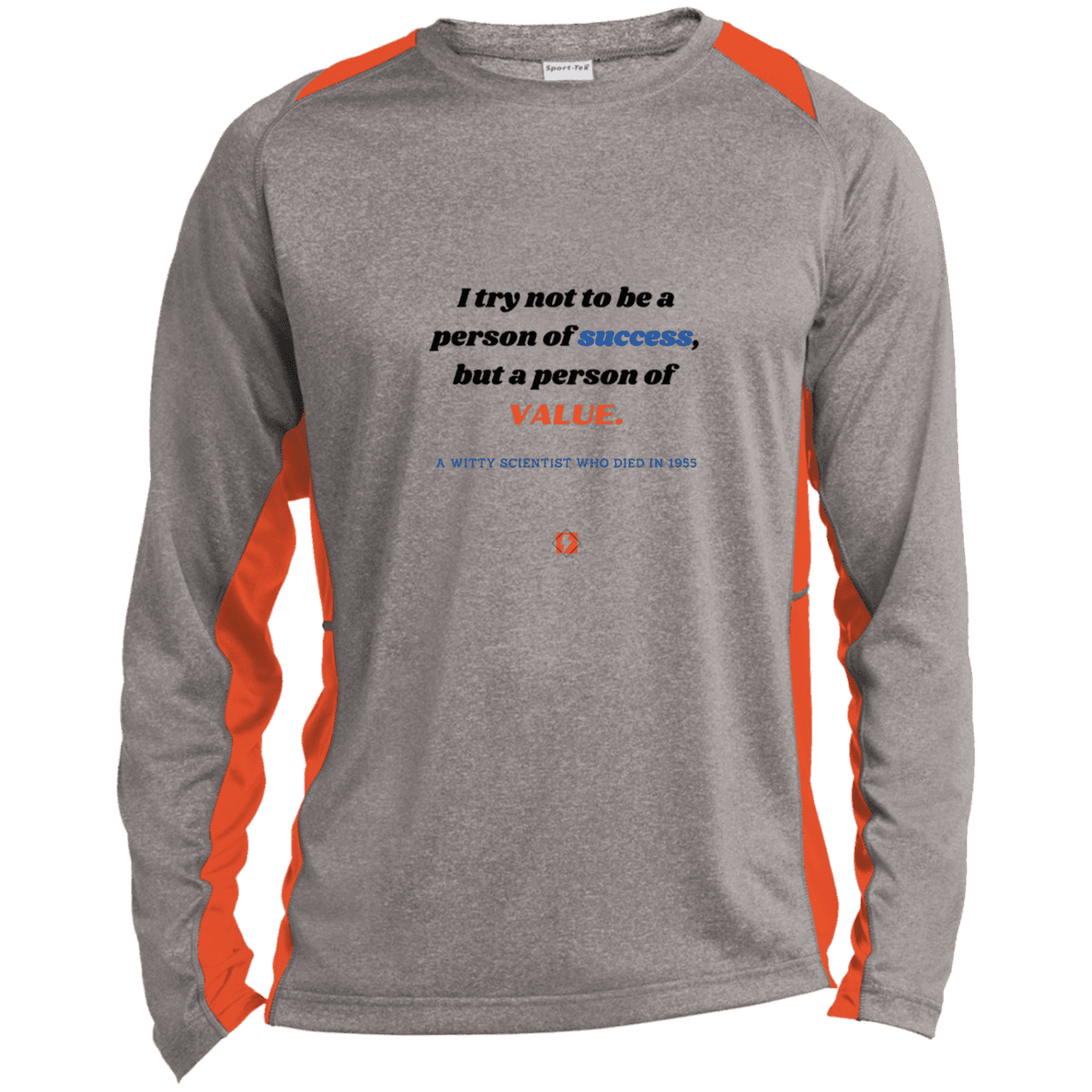 Men's LS Heather Colorblock T-Shirt with inspiring Einstein quote: E109 - Strive to be a person of value, not success - Color: Vintage Heather/Deep Orange