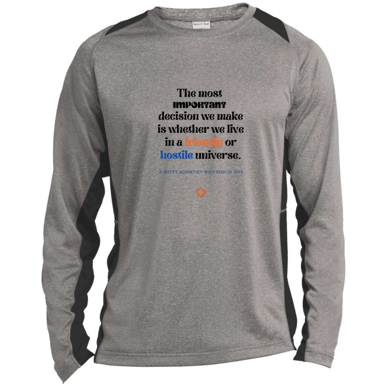 Men's LS Heather Colorblock T-Shirt with inspiring Einstein quote: E115 - Understanding the nature of the universe is key - Color: Vintage Heather/Black