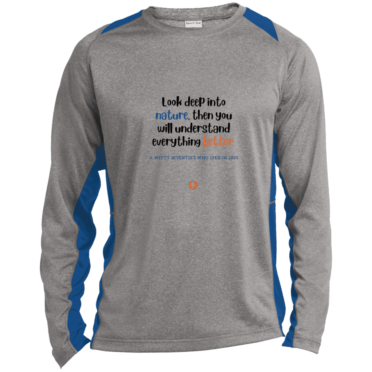 Men's LS Heather Colorblock T-Shirt with inspiring Einstein quote: E108 - Look to nature to understand everything - Color: Vintage Heather/True Royal