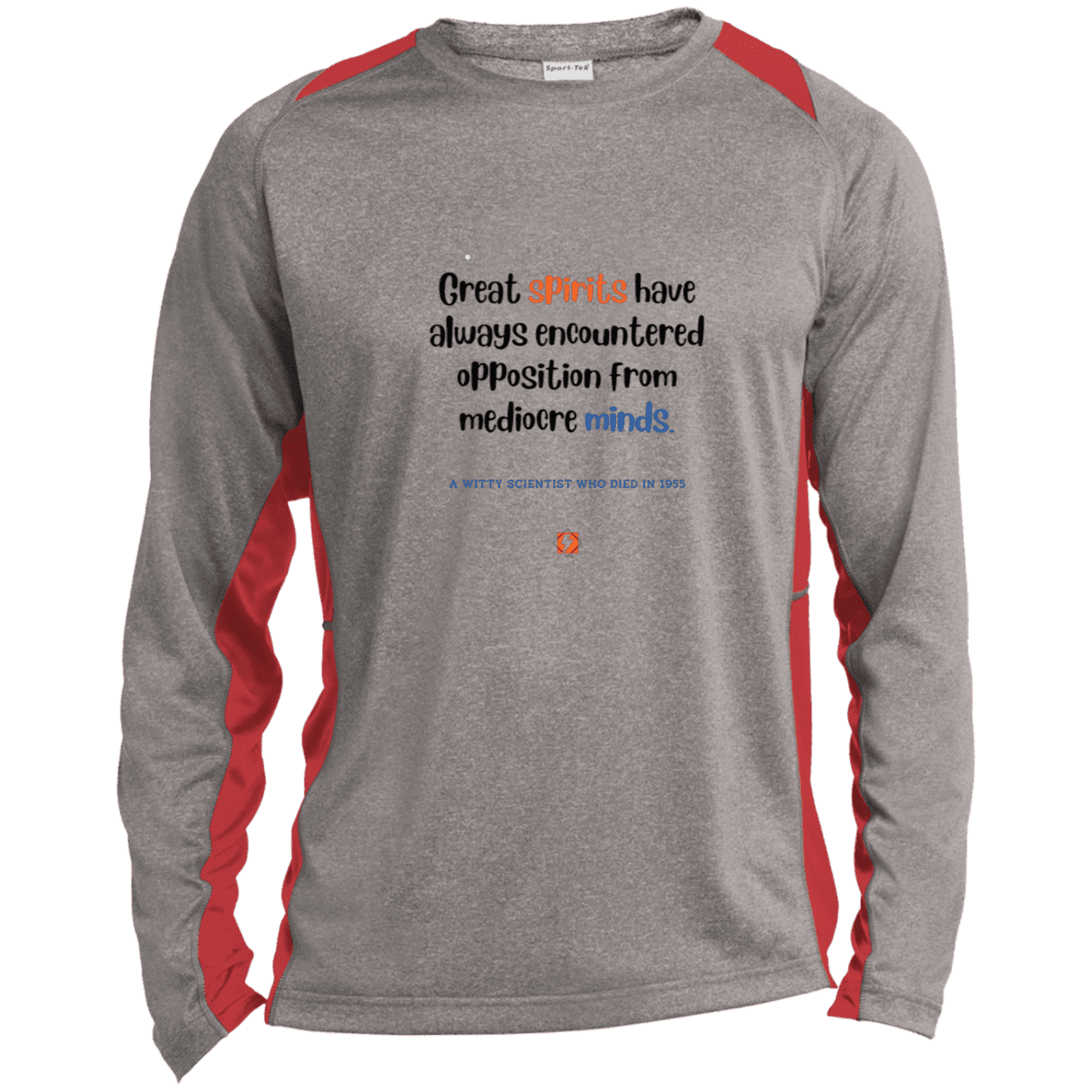 Men's LS Heather Colorblock T-Shirt with inspiring Einstein quote: E124 - Great spirits encounter opposition from mediocre minds - Color: Vintage Heather/True Red