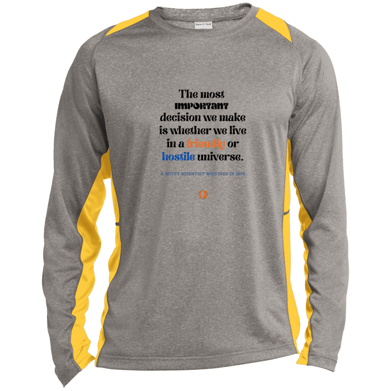 Men's LS Heather Colorblock T-Shirt with inspiring Einstein quote: E115 - Understanding the nature of the universe is key - Color: Vintage Heather/Gold