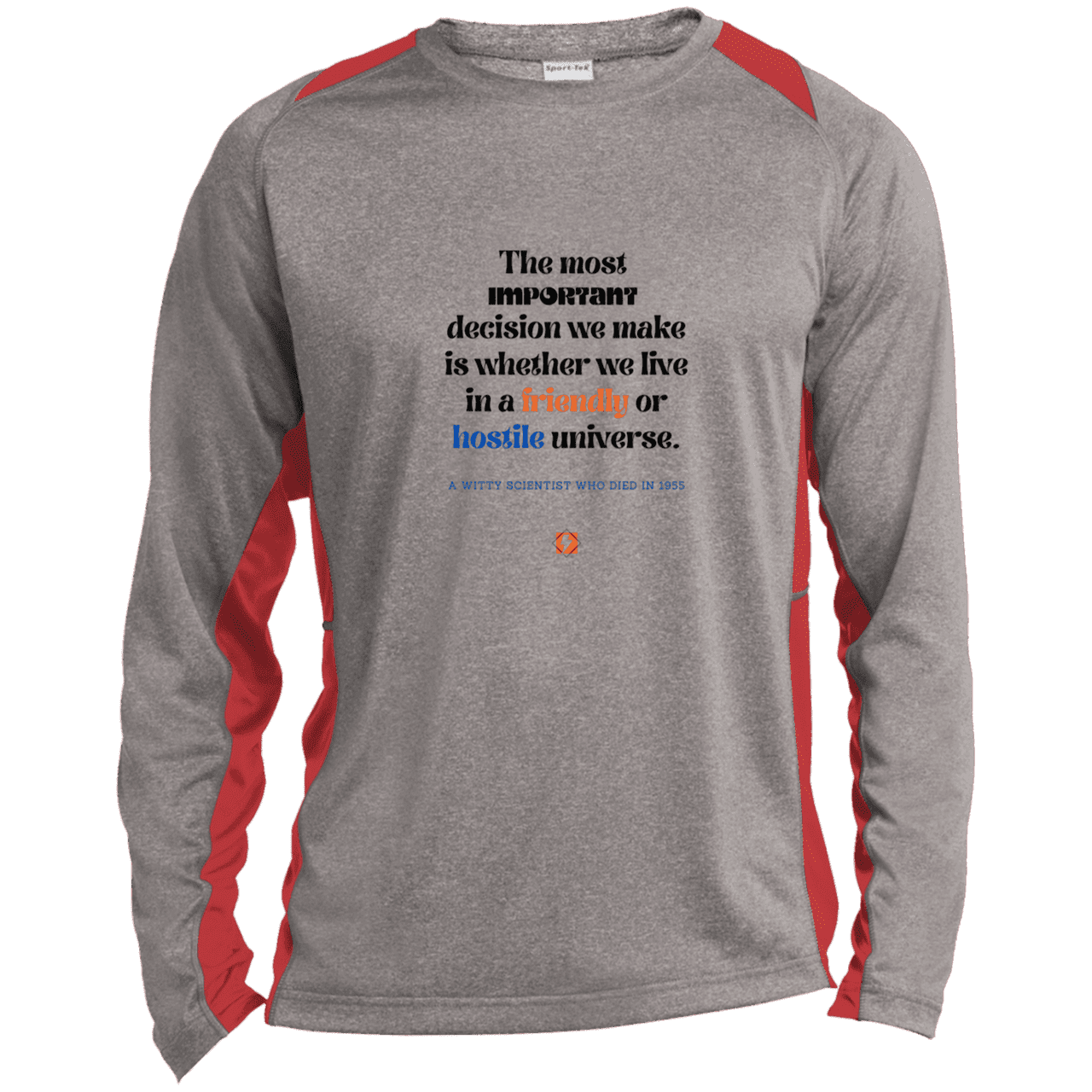 Men's LS Heather Colorblock T-Shirt with inspiring Einstein quote: E115 - Understanding the nature of the universe is key - Color: Vintage Heather/True Red