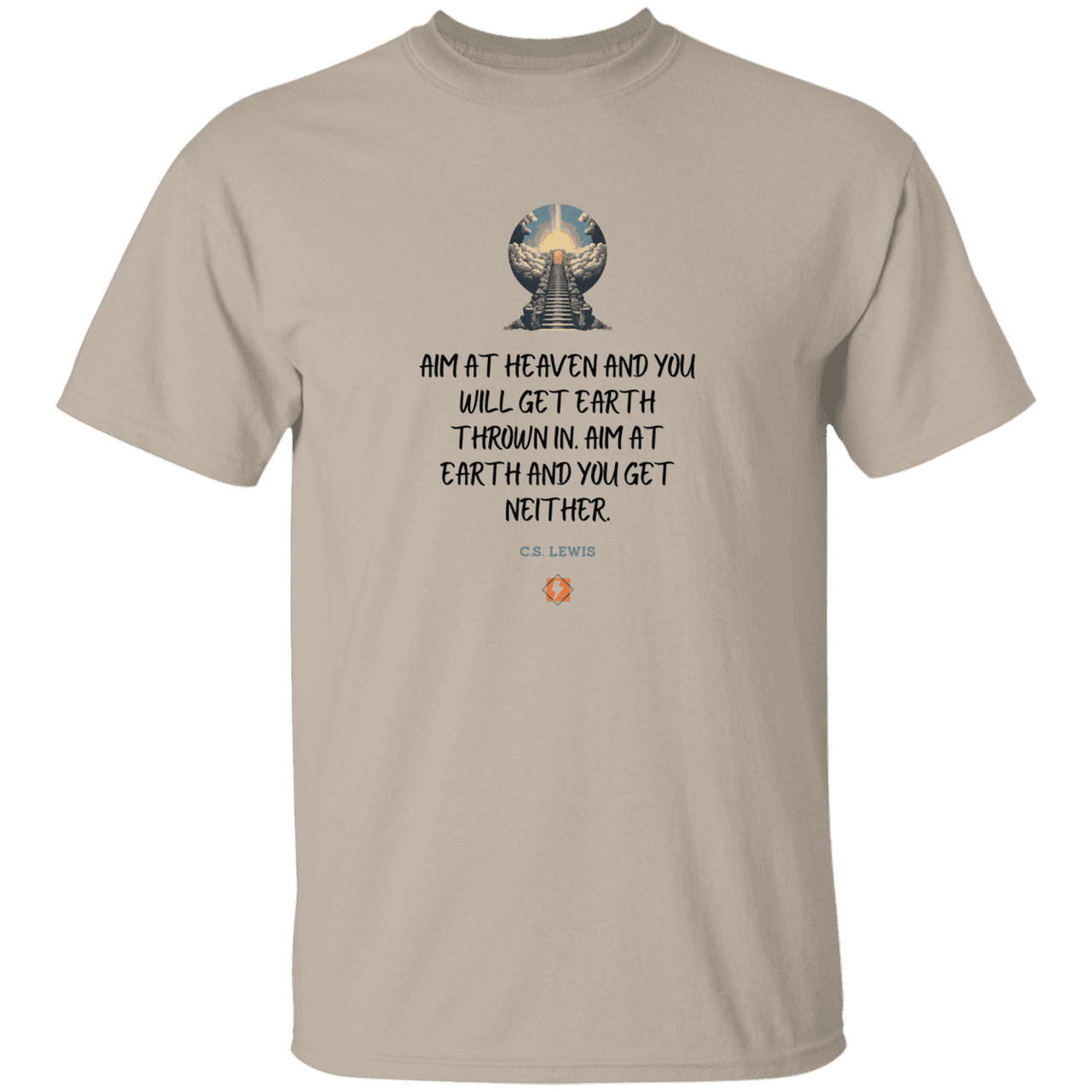 Men's T-Shirt Heavyweight G500 with inspiring CS Lewis quote: CS101 - Aim for heaven - Color: Sand