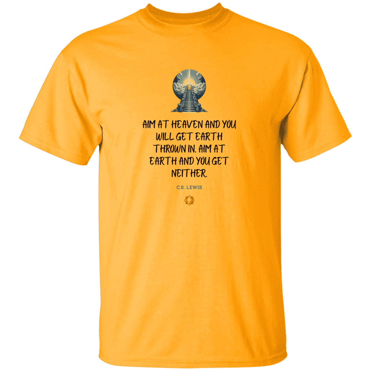 Men's T-Shirt Heavyweight G500 with inspiring CS Lewis quote: CS101 - Aim for heaven - Color: Gold