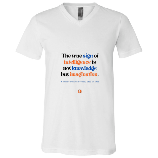 Men's T-Shirt Jersey Combed Cotton V-Neck 3005 with inspiring Einstein quote: E106 - True sign of intelligence is imagination - Color: White