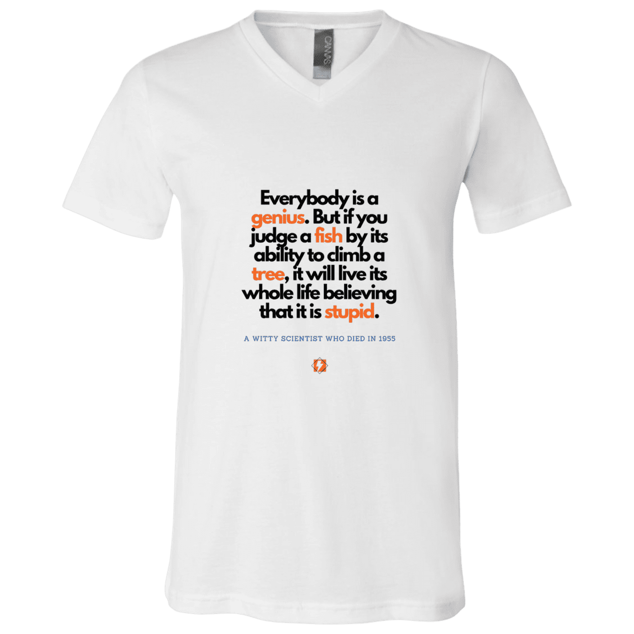 Men's T-Shirt Jersey Combed Cotton V-Neck 3005 with inspiring Einstein quote: E103 - Everybody is a genius - Color: White