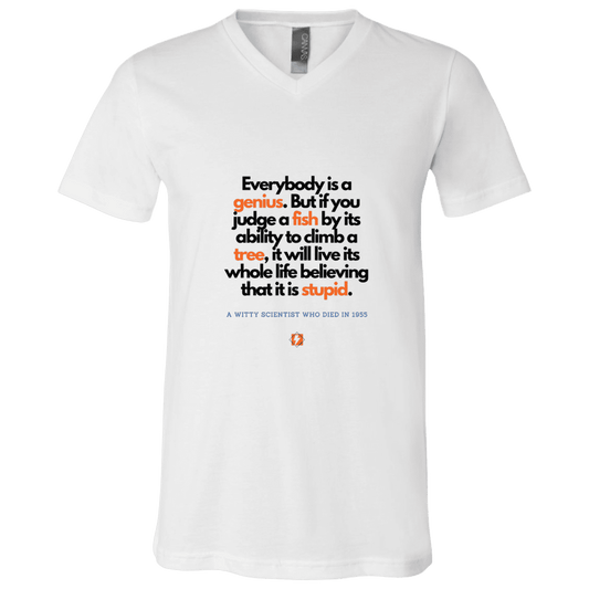 Men's T-Shirt Jersey Combed Cotton V-Neck 3005 with inspiring Einstein quote: E103 - Everybody is a genius - Color: White