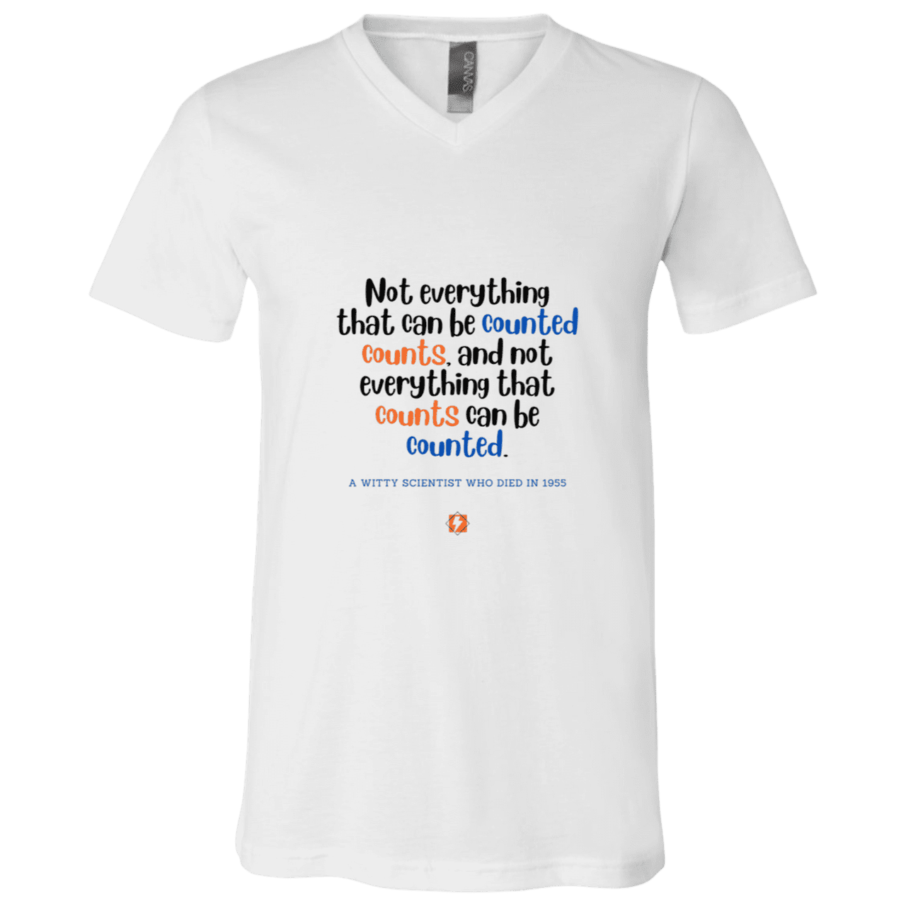 Men's T-Shirt Jersey Combed Cotton V-Neck 3005 with inspiring Einstein quote: E104 - Not everything that can be counted counts - Color: White