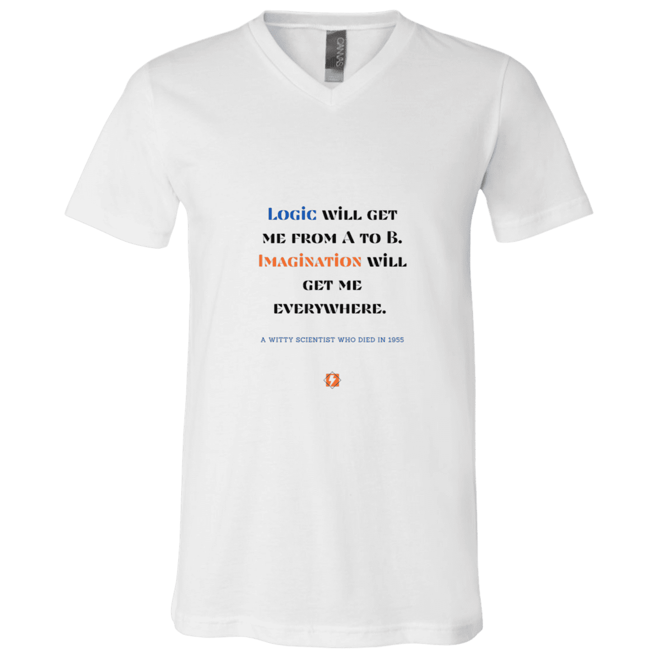 Men's T-Shirt Jersey Combed Cotton V-Neck 3005 with inspiring Einstein quote: E113 - Imagination will get you where logic can't - Color: White