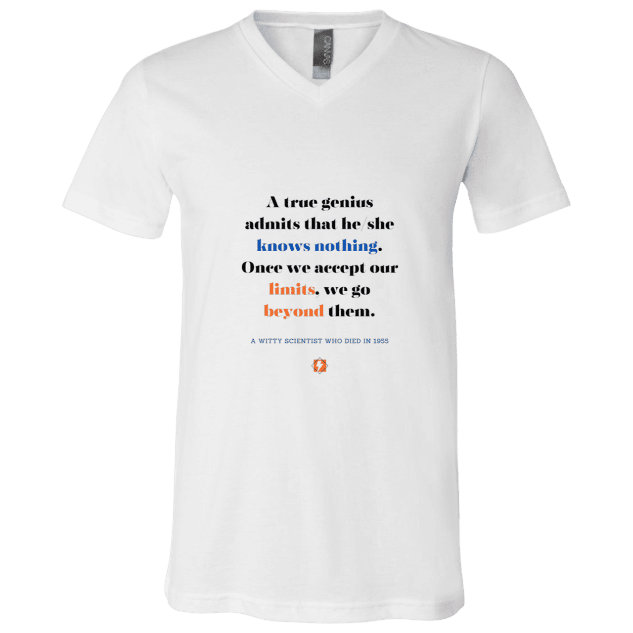 Men's T-Shirt Jersey Combed Cotton V-Neck 3005 with inspiring Einstein quote: E119 - A genius is conscious of one's limits - Color: White