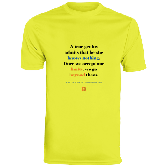 Men's T-Shirt Moisture-Wicking Tee 790 with inspiring Einstein quote: E119 - A genius is conscious of one's limits - Color: Safety Yellow