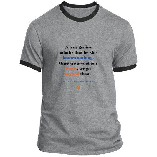 Men's T-Shirt Ringer Tee PC54R Light with inspiring Einstein quote: E119 - A genius is conscious of one's limits - Color: Athletic Heather/Jet Black