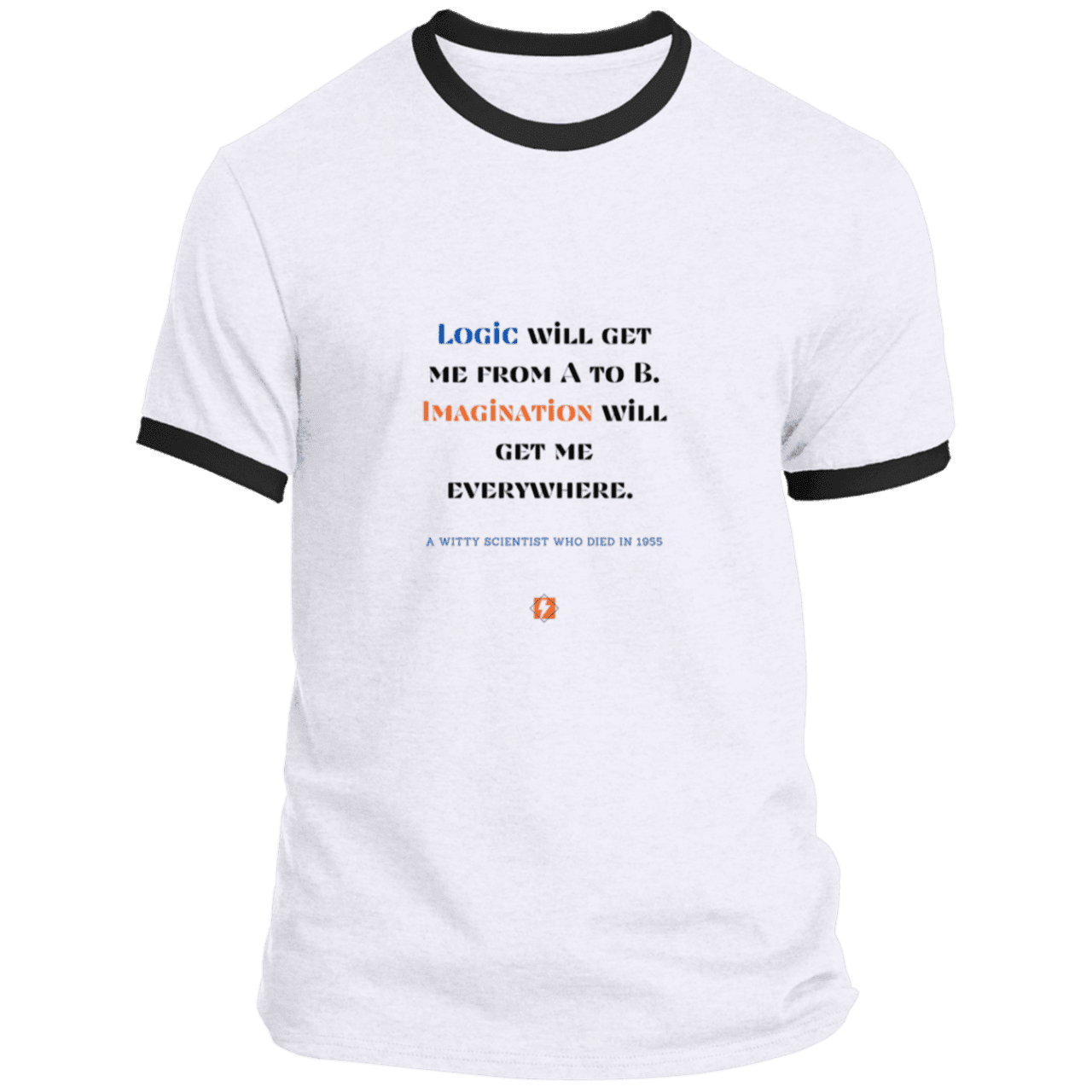 Men's T-Shirt Ringer Tee PC54R Light with inspiring Einstein quote: E113 - Imagination will get you where logic can't - Color: White/Jet Black