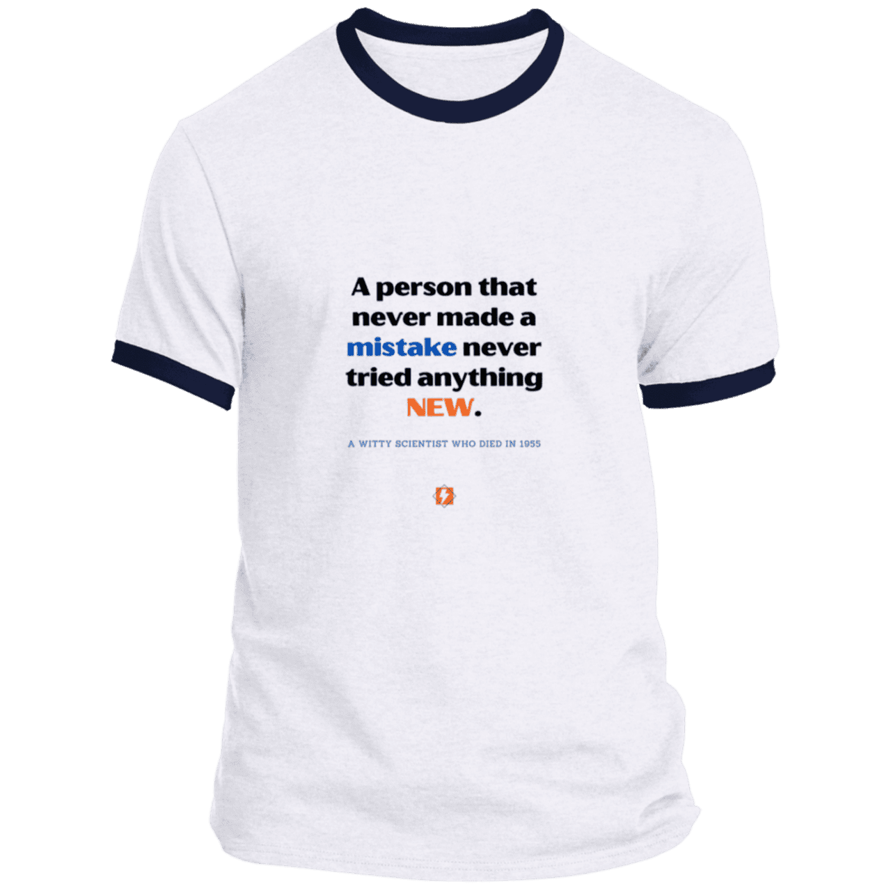 Men's T-Shirt Ringer Tee PC54R Light with inspiring Einstein quote: E118 - Try new things and learn from mistakes - Color: White/Navy