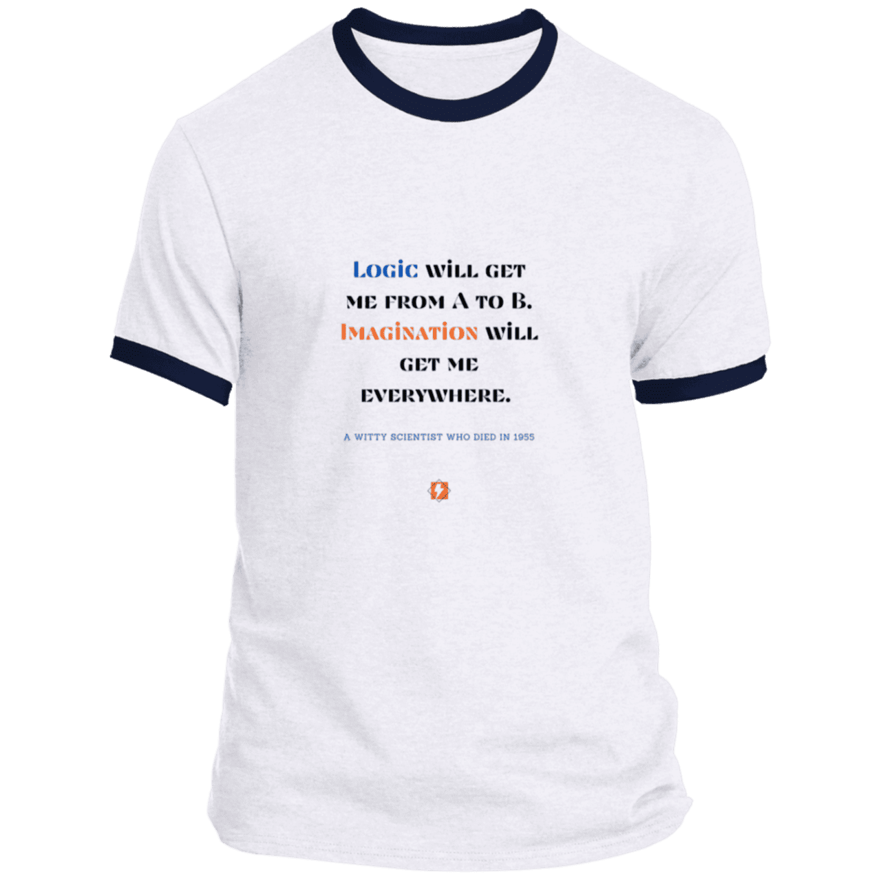 Men's T-Shirt Ringer Tee PC54R Light with inspiring Einstein quote: E113 - Imagination will get you where logic can't - Color: White/Navy