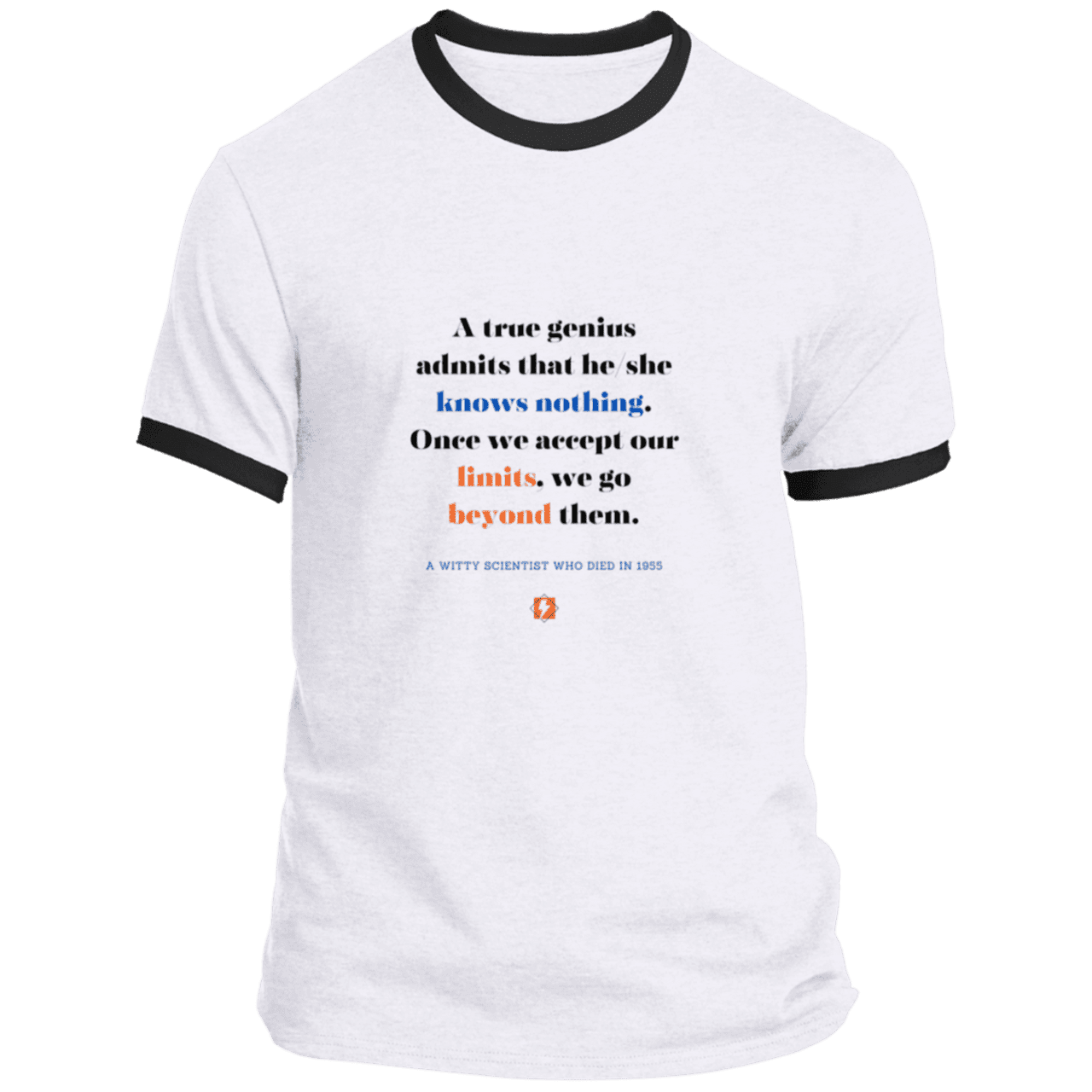 Men's T-Shirt Ringer Tee PC54R Light with inspiring Einstein quote: E119 - A genius is conscious of one's limits - Color: White/Jet Black