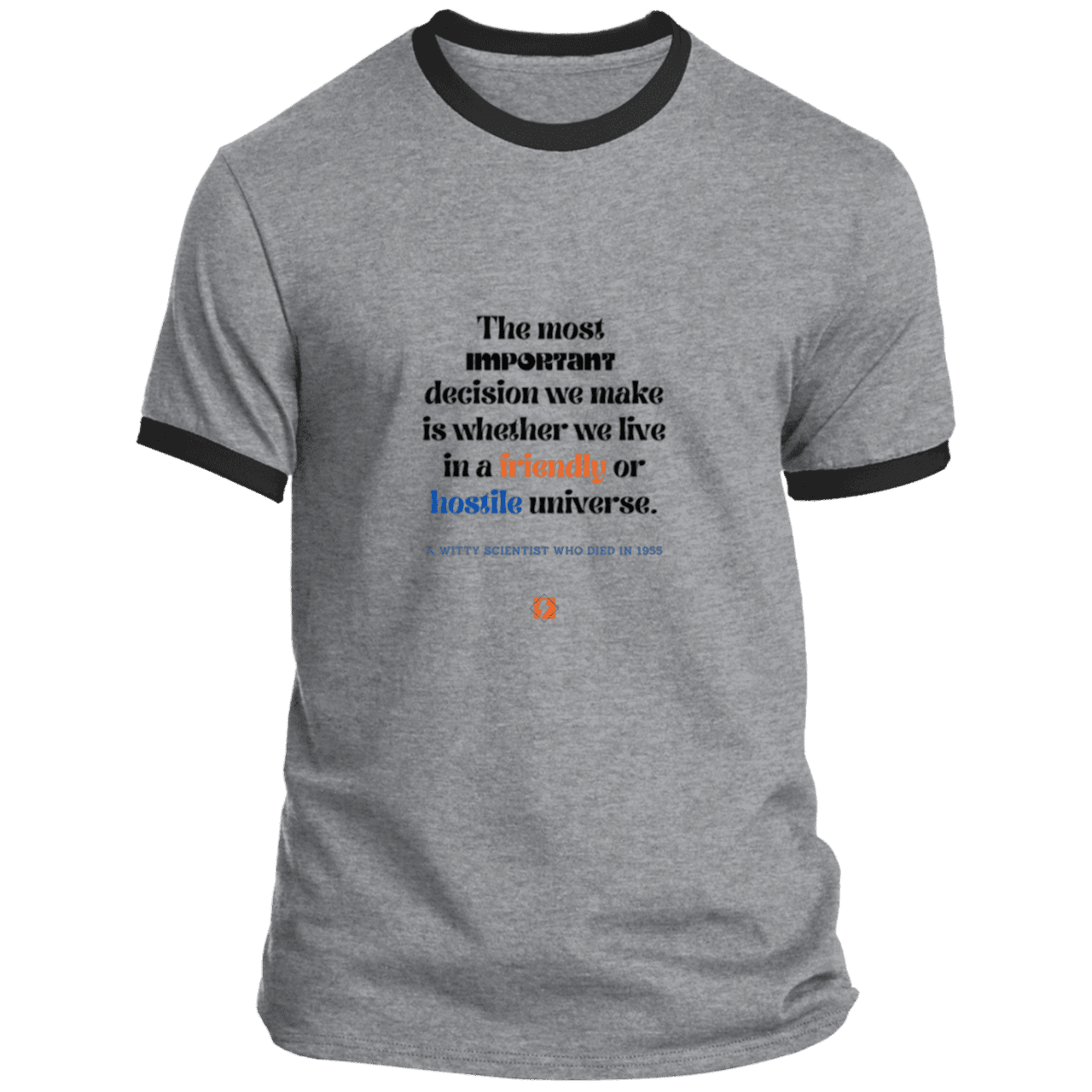 Men's T-Shirt Ringer Tee PC54R Light with inspiring Einstein quote: E115 - Understanding the nature of the universe is key - Color: Athletic Heather/Jet Black