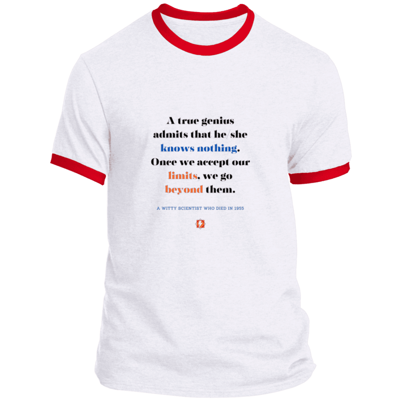 Men's T-Shirt Ringer Tee PC54R Light with inspiring Einstein quote: E119 - A genius is conscious of one's limits - Color: White/Red