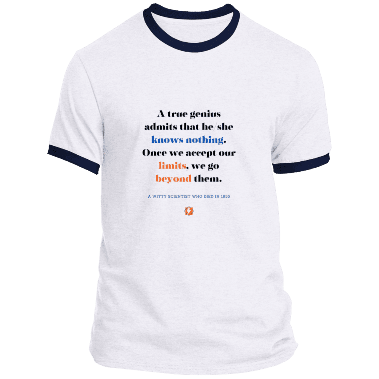 Men's T-Shirt Ringer Tee PC54R Light with inspiring Einstein quote: E119 - A genius is conscious of one's limits - Color: White/Navy