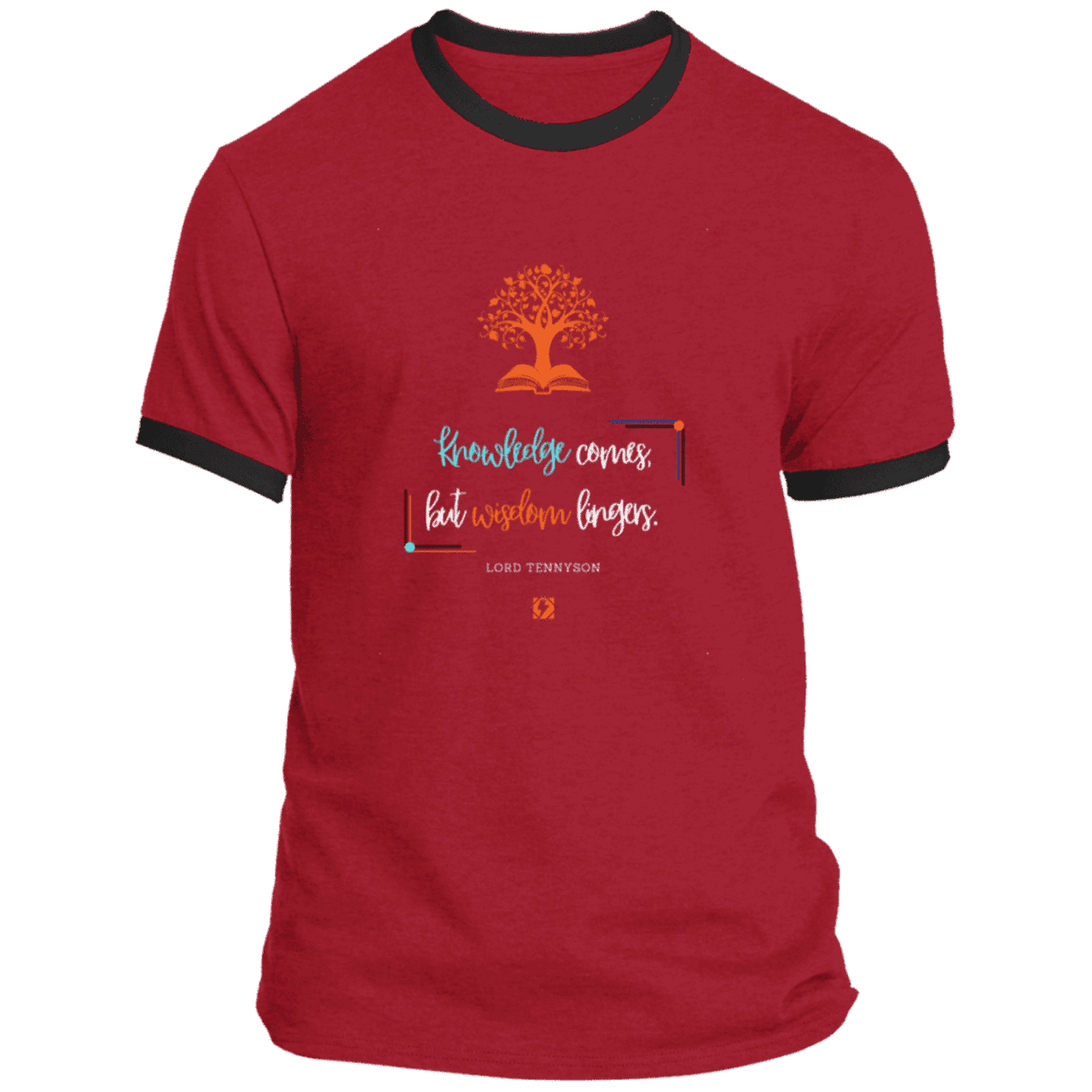 Men's T-Shirt Ringer Tee PC54R with inspiring Tennyson quote: LT107 - Knowledge vs Wisdom - Color: Red/Jet Black