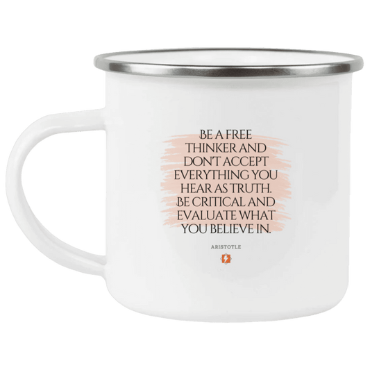 Steel Camping Mug with inspiring Aristotle quote: A106 - Become a critical thinker - Color: Plain White