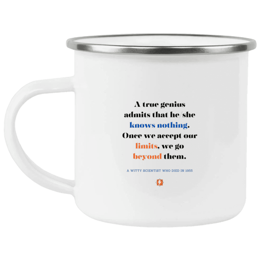 Steel Camping Mug with inspiring Einstein quote: E119 - A genius is conscious of one's limits - Color: Plain White