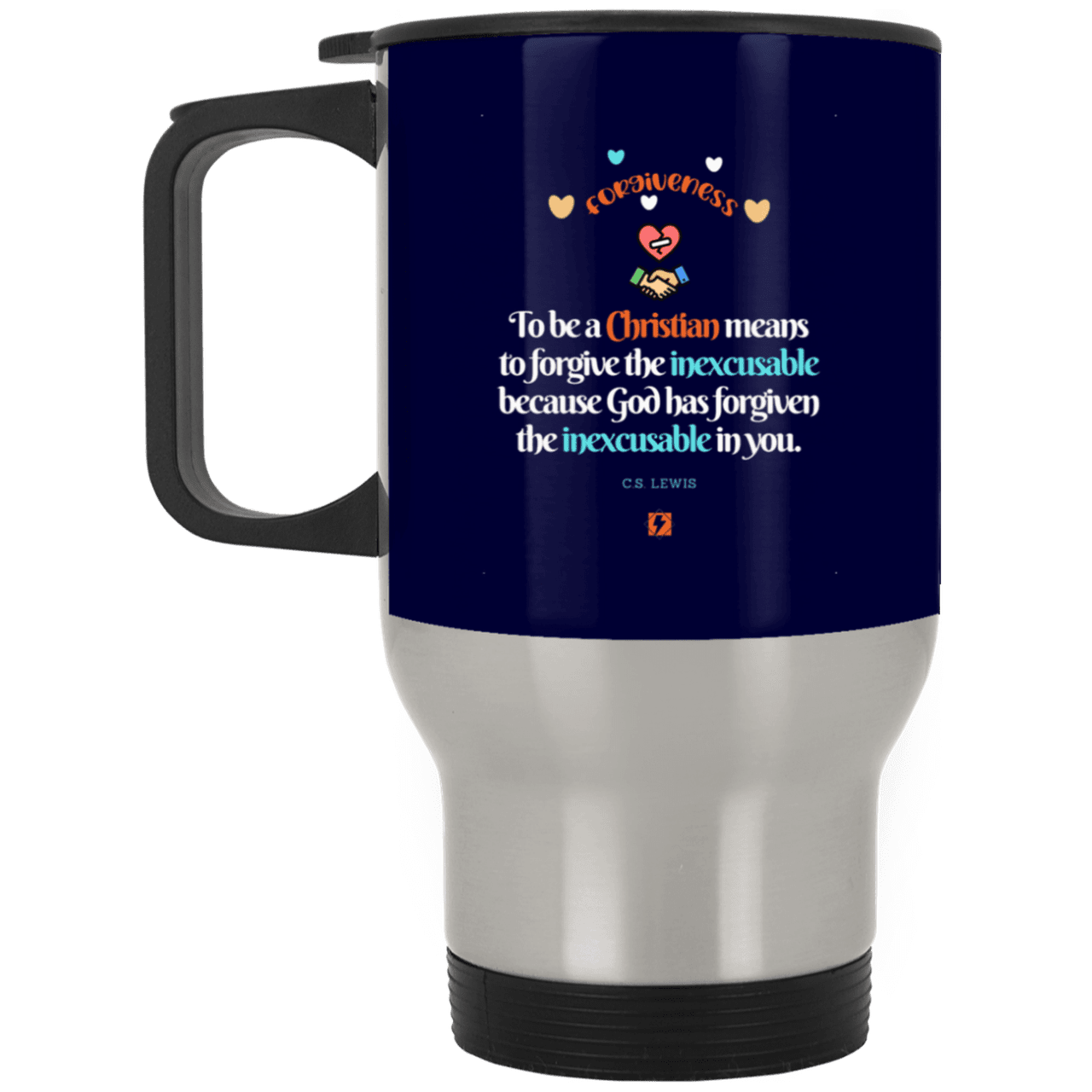 Steel Travel Mug with inspiring CS Lewis quote: CS116 - Forgive the inexcusable - Color: Silver Navy