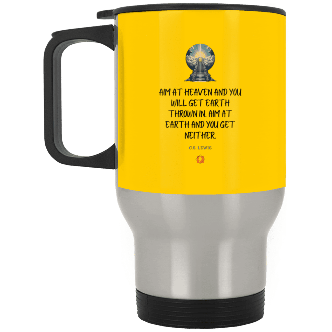 Steel Travel Mug with inspiring CS Lewis quote: CS101 - Aim for heaven - Color: Silver Athletic Gold